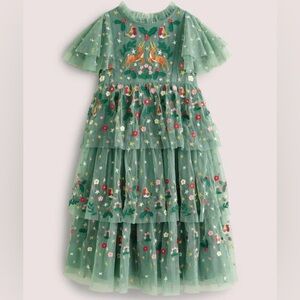 Mini Boden Green Frill Sleeve Tulle Embroidered Party Dress Size 11-12